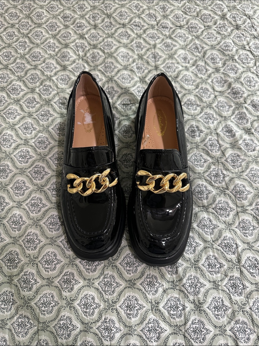 BRAND NEW: Black Patent Loafers with Gold Chain Accent